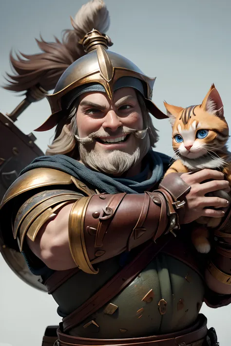 1100 years. Close-up of a funny cheerful Swedish warrior in rusty and scratched armor. Holds a funny cute fat kitten in his palms. Cartoon style. Super realistic, cinematic, blurred background. Light haze.