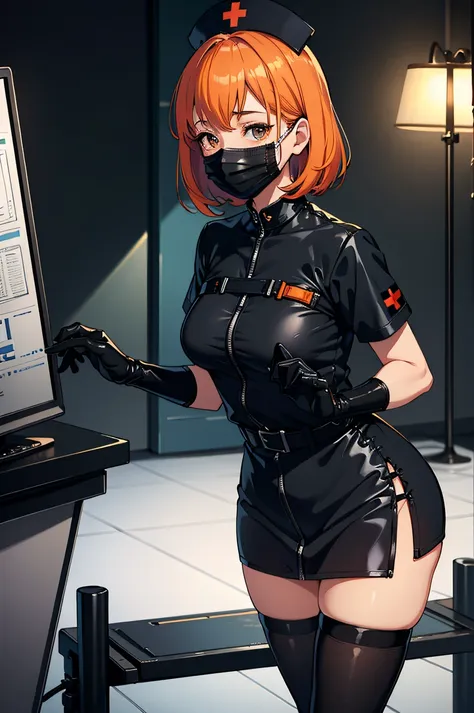 black nurse, 1girl, black nurse cap, black wear, ((black legwear, zettai ryouiki)), black elbow gloves, very short hair, orange hair, ((black surgical mask, covered nose)), standing, ((surgery room)), sharp outline, short sleeves, tomboy, boyish, best qual...