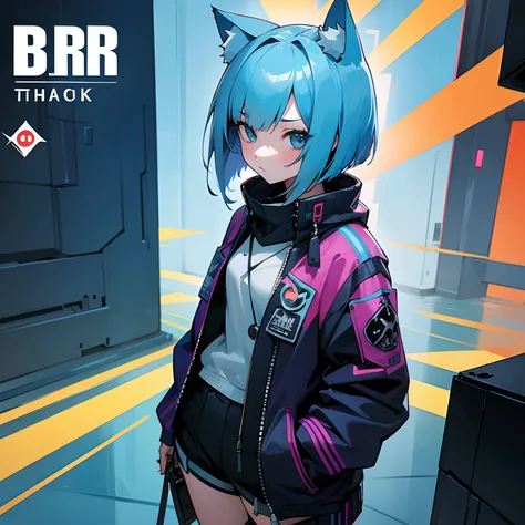 girl with,a short bob,blazers,a cool,Nekomimi,lightblue hair,cyberpunked,makina