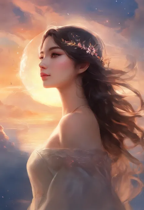 (masterpiece, best quality, ultra-realistic), showing the side face, (on_front:1.2), floating in the sky, (wavy hair:0.8), black hair, cloudy sky, sunlight, upper_body, off shoulder, day, girl around 25 years old, pretty girl