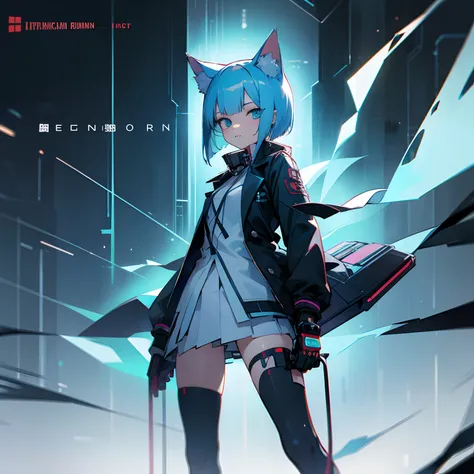 girl with,a short bob,blazers,a cool,Nekomimi,lightblue hair,cyberpunked,tobacco