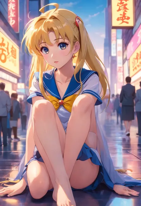 nsfw,On the edge of the bustle, Dull Japan city , Where the city skyline can be seen in the background , Her seductive eyes are、Capturing the essence of retro anime. All facial features are、Rendered at an exceptional level of detail, Evokes the clarity and...