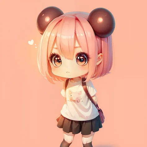 ​masterpiece、detaileds、Soft lighting、Pink T-shirt、a miniskirt、Pink-haired rabbit-eared girl、Orange-eyed chibi、white backgrounid、simple background、