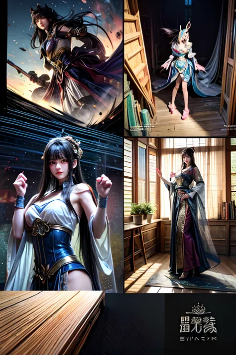 comic storyboard:1.8, comic strip_layout,chinese woman，the beautiful，costume dress，edgbunny，full moon, 32k ，hyper hd, ， anatomy ...