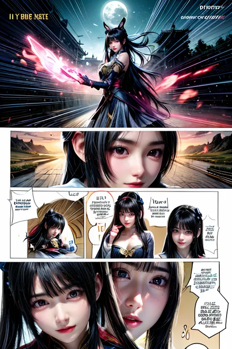 Comic storyboard:1.8, comic strip_layout,Chinese woman，The beautiful，Costume dress，edgBunny，full moon, 32K ，hyper HD, ， anatomy correct，fantasy，Comics-like panel layout, Voice balloons, English text, Hand drawn audio stickers used in comics