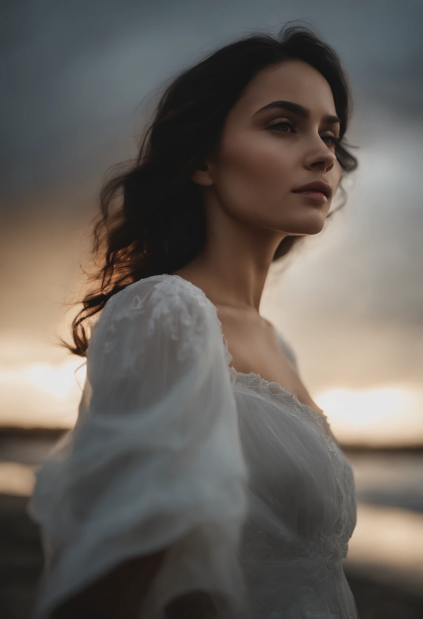 (masterpiece, best quality, ultra-realistic), showing the side face, (on_front:1.2), floating in the sky, (wavy hair:0.8), black hair, cloudy sky, sunlight, upper_body, off shoulder, day, girl around 25 years old, pretty girl