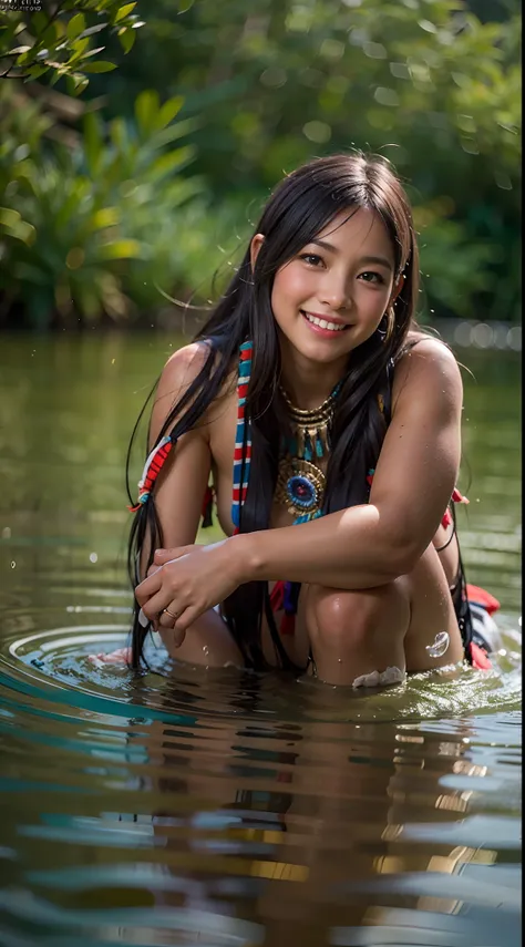 American Indian Native Girl, Dipping your feet in the river, perfect small breasts, Cute Sexy, Pleasure, Naked, Hyper realistic, Lifelike texture, Dramatic Lighting, nikon RAW photo, 8K, FUJI XT3, masutepiece, Best Quality, Realistic, (Photorealistic:1.4),...