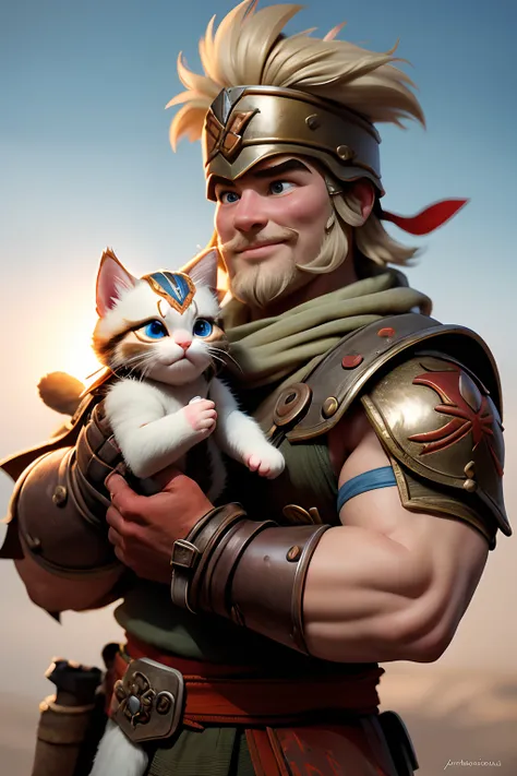 1000 years Close-up of funny cheerful Russian warrior in rusty and scratched armor. Holds in the palms of his hands a funny little cute fat kitten. Cartoon style. super realistic, Cinematic, blurred background. Light haze.