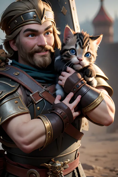 1000 years Close-up of funny cheerful Russian warrior in rusty and scratched armor. Holds in the palms of his hands a funny little cute fat kitten. Cartoon style. super realistic, Cinematic, blurred background. Light haze.