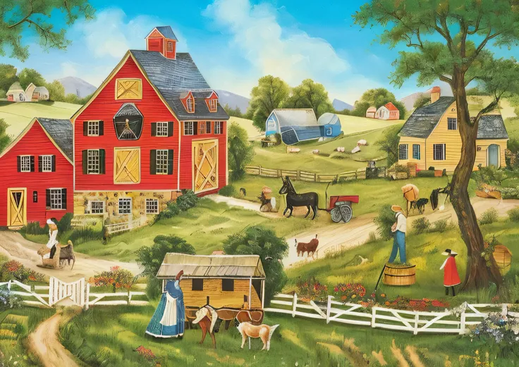 a painting of a farm scene with a red house and a horse drawn carriage, rural splendor, bucolic, whimsical art, countryside city scene, on a farm, mixed art, naive art, american scene painting, by Carol Bove, next to a red barn, by Don Reichert, folk art, ...