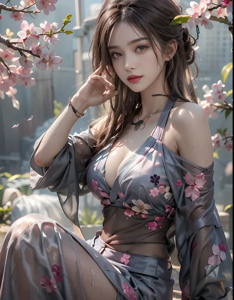 Photorealistic, High resolution, Soft light,1womanl, Solo, hips up high, glistning skin, (Detailed face),The tattoo, Jewelry, Dark see-through hanf, cherry blossom, Night, White wavy hair, Beautiful Soldier, An eye that invites the viewer, Lovers perspecti...