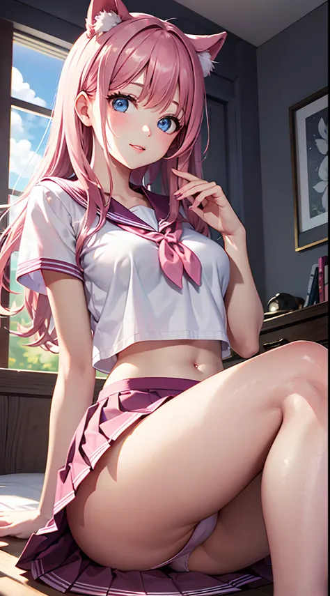 Beautiful illustration、top-quality、Cute little girl s、Bedroom、A pink-haired、length hair、(((Pink pleated skirt)))、(((pink sailor suit)))、shortsleeves、Colossal tits、a navel、Flipping up the skirt with your hands、Show white panties、Pull up your skirt and show ...