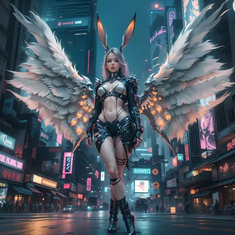 (Best quality,4K,8K,A high resolution,Masterpiece:1.2),Ultra-detailed,(Realistic,Photorealistic,photo-realistic:1.37),[Cyberpunk,Girl,The center of the picture,frontage，Mechanical,Metallic,robotic limb,high-heels，(Huge wings),(Rabbit ears)],Futuristic city...