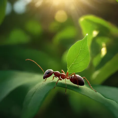 An ant lies on a leaf looking up to the right，There is dew on the edges of the leaves，magic hour，photorealistic cinematic render, Cinematic 3D rendering, realistic cgi render, Depicted as a 3D rendering