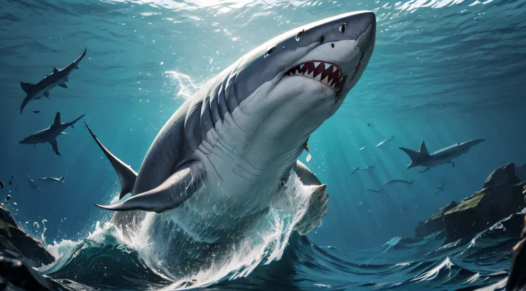 (best quality,4k,highres,masterpiece:1.2),ultra-detailed,realistic:1.37,a massive megalodon shark swimming with incredible reali...