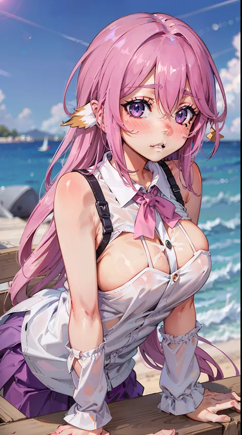 Jibril, blushed, perfect anatomy, detailed eyes, detailed lips, extremely detailed eyes and face, vivid colors, masterpiece:1.2, ultra-detailed, blushed, ((doggystyle)), (solo), ((shirt)), sleeveless, outdoors