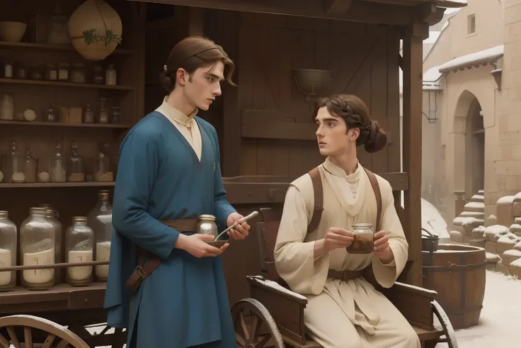 Year: 11th century. Location: Bulgary. Pre-raphaelite scene with a 20-year-old english man, physician, attending patients, outdoors, in front of a (cart) full of (potions and jars), ((winter)), ((((11th century plain tunic)))) ((11th century hairstyle)), (...