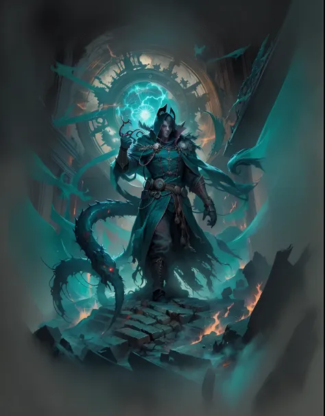 Create a visually captivating and haunting digital artwork that immerses viewers in the dark and chaotic universe of Warhammer 40k. Depict Sebastian, the enigmatic psyker, as a central figure who channels the malevolent powers of the sixth chaos god, the S...