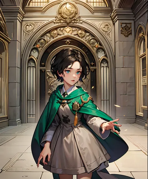 1 girl short medium black hair wearing hogwarts slytherin robes, in a room filled of light, medium shot of character, in hogwarts, hogwarts style, dressed with fluent clothes, from bravely default ii, magic awakened, hogwarts legacy, style game square enix...