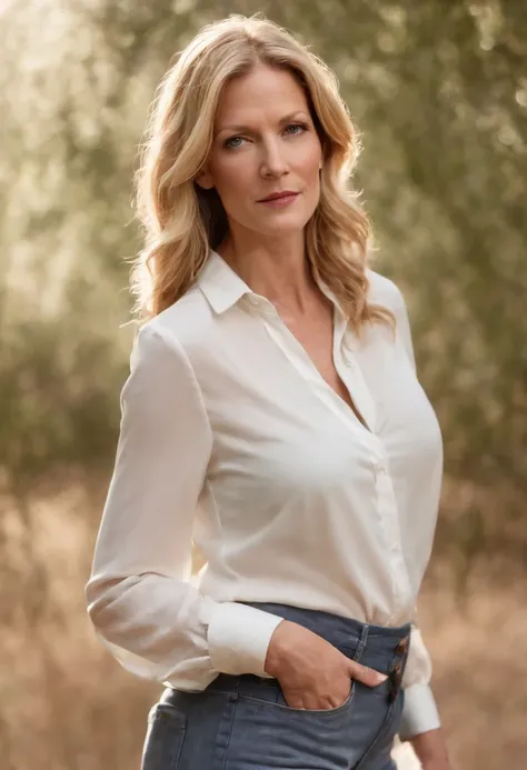 en chemise blanche debout dans un parc, Bilal Kuytul, Conception du logo, Anna Gunn the actress of Breaking Bad, a lage de 35 ans , very high quality, Baby skin, sans ride, American, sexy,  gros joux, gros sein, elle une femme ronde sexy