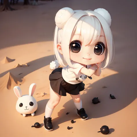 ​masterpiece、detaileds、Soft lighting、a smile、tshirts、a miniskirt、White-haired rabbit-eared girl、Black-eyed chibi、a park、Playing in the sand