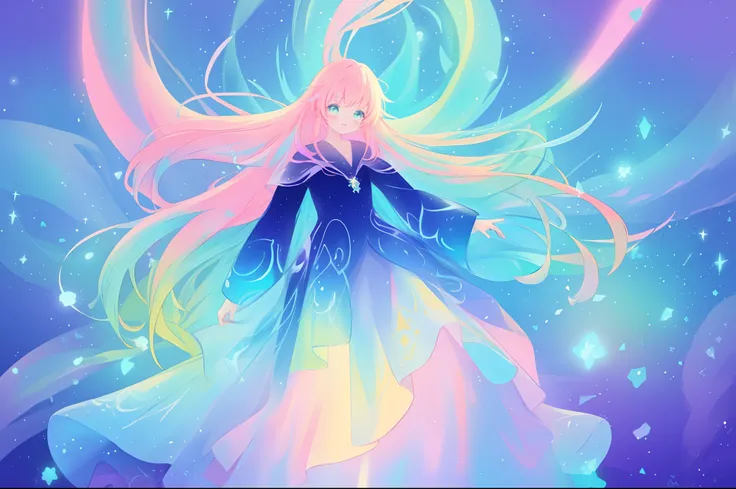 beautiful anime girl in colorful layered puff long sleeve ballgown, flowing long colorful hair, liquid light, vibrant pastel colors, (colorful), magical lights, sparkling lines of light, inspired by Glen Keane, inspired by Lois van Baarle, disney art style...