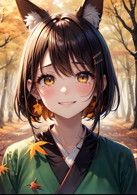 absurderes, ultra-detailliert,bright colour, (1girl in:1.4),(A very beautiful forest of autumn leaves:1.5),extremely beautiful detailed anime face and eyes, (Fox personification:1.3),blushing、Yellow skin、amber eyes、Brown smooth straight hair、Bright kimono ...