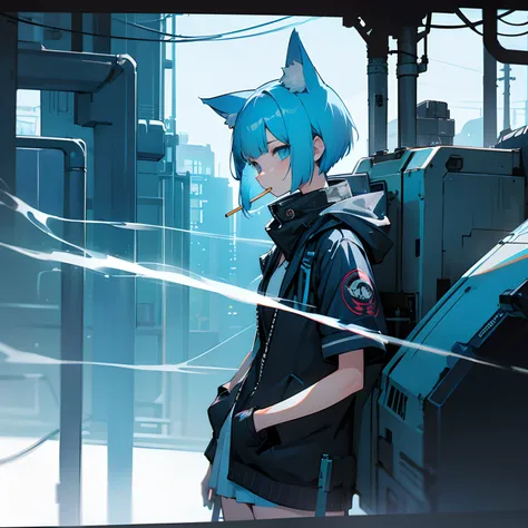 girl with,a short bob,Nekomimi,lightblue hair,Having a cigarette,a cool,cyberpunked