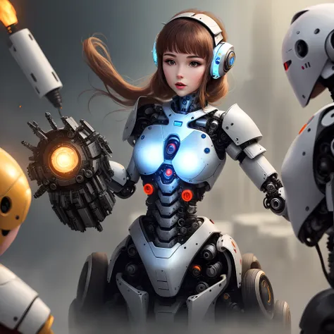 Woman in robotic armor creating robots