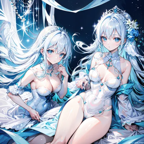 Long light blue and white hair，A silver necklace that shines like a star，Delicate makeup and glossy face，Slim and smooth legs，is a sweet girl，white wedding gown，Lace，