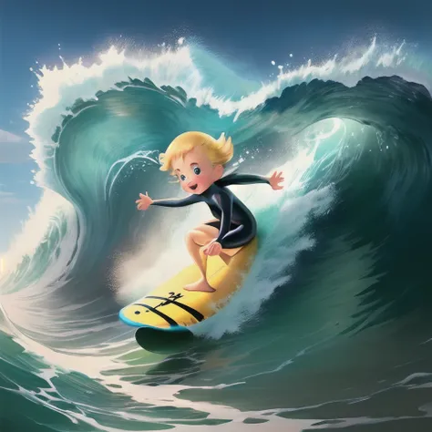 A vintage art of a little chick surfing a big wave, image on first plan, cartoon art style