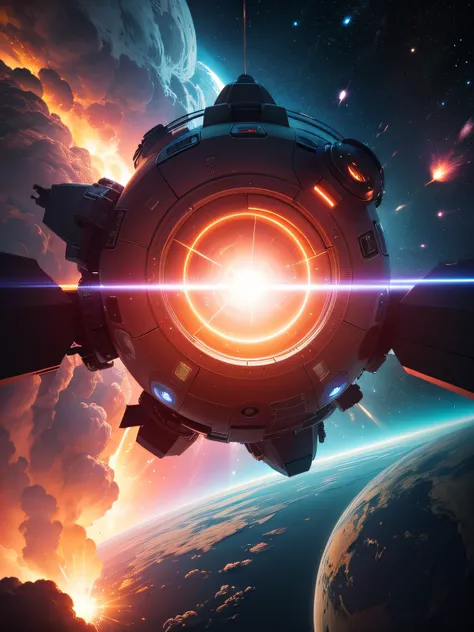 A sphere shape spaceship escape from a planet explosion, cinematic shot,