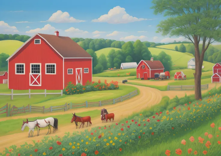 a painting of a farm scene with a red house and a horse drawn carriage, rural splendor, bucolic, whimsical art, countryside city scene, on a farm, mixed art, naive art, american scene painting, by Carol Bove, next to a red barn, by Don Reichert, folk art, ...