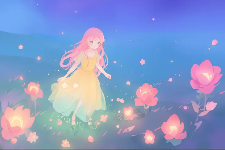 beautiful girl in flowing ballgown, (meadow with otherworldly round glowing flowers), ethereal, magical, whimsical, beautiful girl, inspired by Glen Keane, inspired by Lois van Baarle, disney art style, by Lois van Baarle, glowing aura around her, by Glen ...