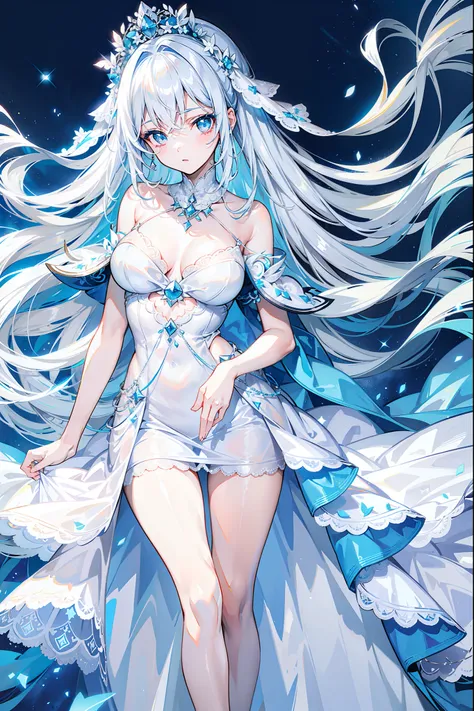 Long light blue and white hair，A silver necklace that shines like a star，Delicate makeup and glossy face，Slim and smooth legs，is a sweet girl，white wedding gown，Lace，