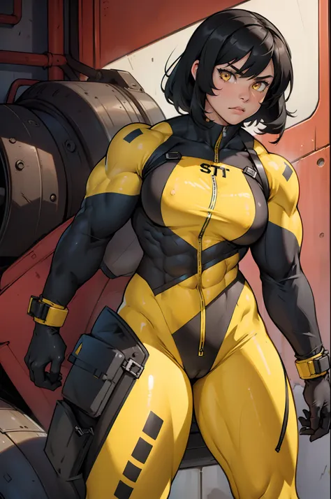 (((((((1 girl muscular))))))) angry yellow eyes black hair pale skin thick thighs (pilot suit) bodysuit solo standing shiny skin