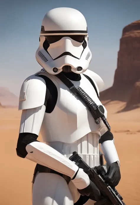 Close-up of a female Imperial stormtrooper against the backdrop of the desert, based on concept art by Magalie Villeneuve, trending on cg society, AB """Star Wars"": The Old Republic", influenced by Ralph McQuarries concept art. The stormtrooper has a stro...