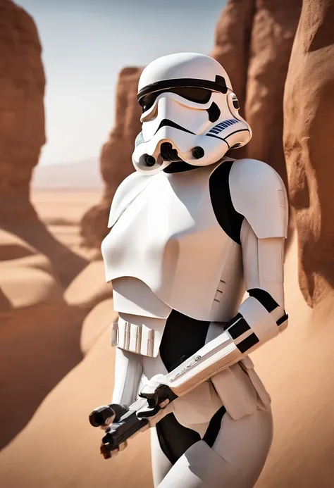 Close-up of a female Imperial stormtrooper against the backdrop of the desert, based on concept art by Magalie Villeneuve, trending on cg society, AB """Star Wars"": The Old Republic", influenced by Ralph McQuarries concept art. The stormtrooper has a stro...