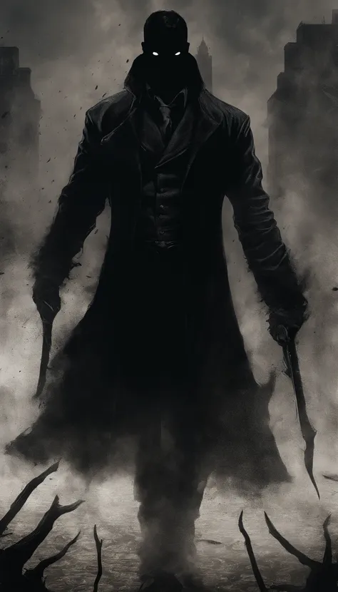 imaginar: closeup of a silhouette of a shirtless young villain, in black pants and black overcoat, his body imbued with fire and dark mist. Ao fundo, They have the destruction of a city and a dark black mist surrounding the place, Fire on the Ground