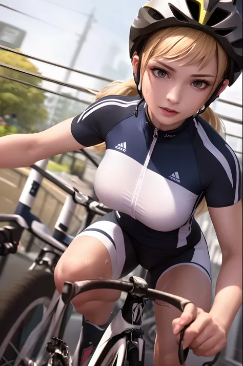 (Best Quality,8K,hight resolution,masuter piece:1.2),Ultra-detailed,Realistic:1.37,Portrait,Dynamic Angle,(Female Cyclist) ,Teenage girl,small head,Cute,Sporty,Charming face,Detailed beauty face,Very realistic skin,Wet skin,Sweat,Large breasts,Narrow waist...