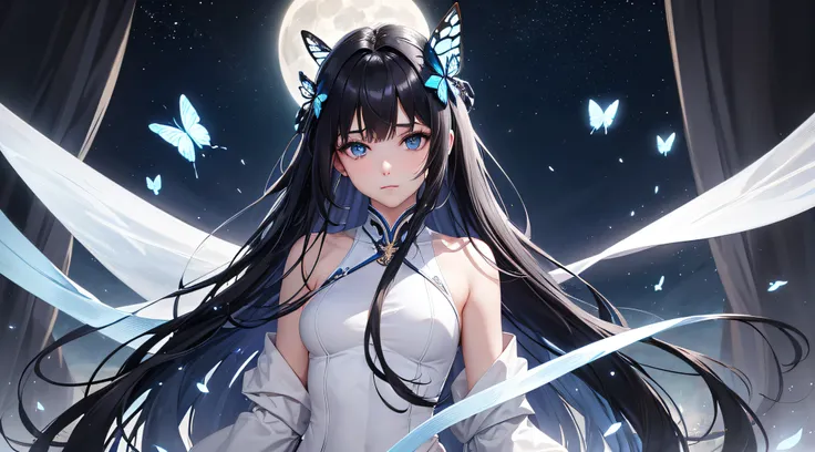 (8K),(Best quality), (Detailed eyes), (Delicate hair),a pregirl，full bodyesbian，standing on your feet，sideface，Deep blue eyes, There are stars in the eyes, long whitr hair, Black hair,Hairpins on the head，Combat uniforms，under moonlight，Butterfly particles...