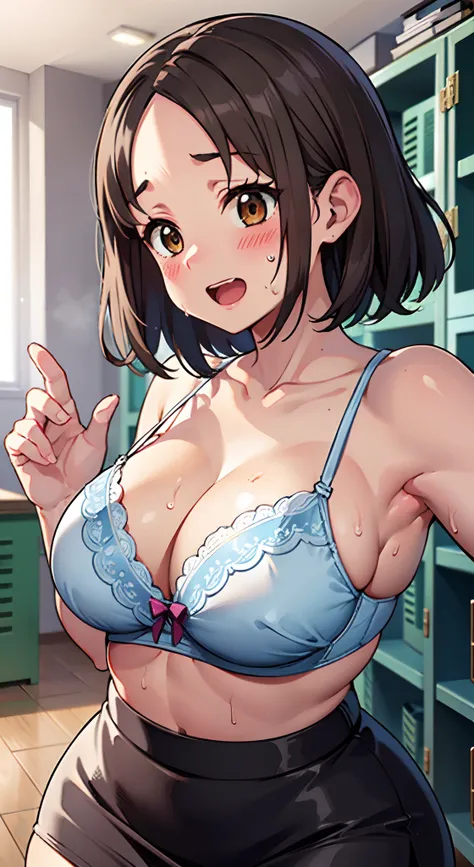 (Perfect body),Best Quality,(8K Portrait),(Official art)、(NSFW)、embarrassed from、((:D))、(((Surprised)))、(((blush))),(Sweat),Huge breasts、(((Big ass)))、(Brown hair),((short-hair))、((Forehead))、((Parted bangs)), (eyes are brown)、(Brown eyes),(((thick thighs)...