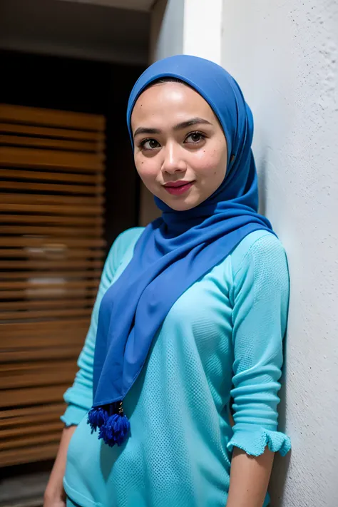 1 malay girl , modern pom-pom hijab,  shy, medium portrait shot , watery  eyes , blue glowing particles, wear pastel blue high waist pants and white shirts, blue bokeh light background, bright front light,