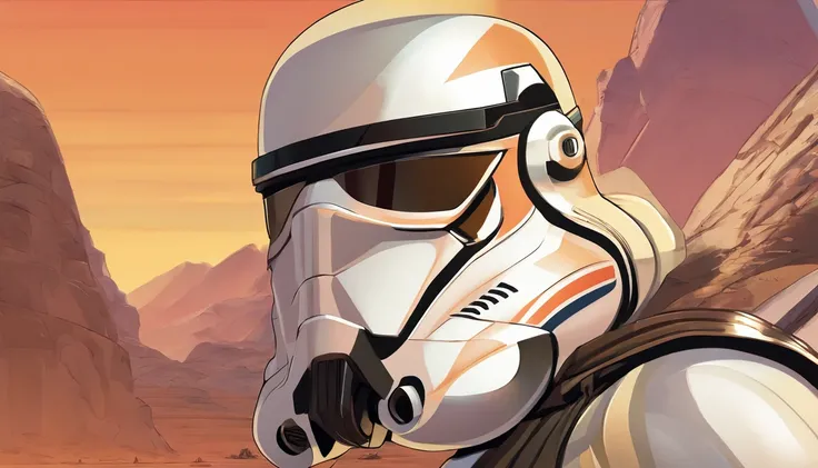 Close-up of a female Imperial stormtrooper against the backdrop of the desert, based on concept art by Magalie Villeneuve, trending on cg society, AB """Star Wars"": The Old Republic", influenced by Ralph McQuarries concept art. The stormtrooper has a stro...