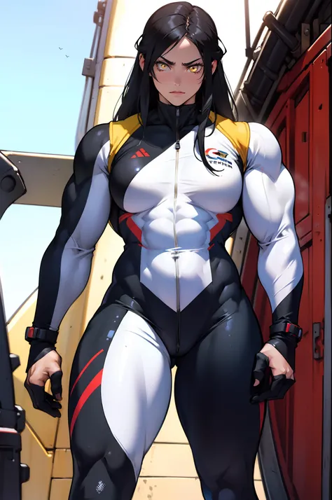 (((((((1 girl muscular))))))) angry yellow eyes black hair pale skin thick thighs (pilot suit) bodysuit solo standing shiny  extremely long hair