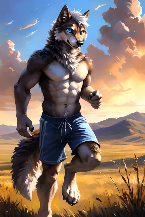 ((Solo)), male people, anthro wolf, (Multi-colored fur, White-brown:1.3，White tail pointed), ((Wolf face, White hair, Big eyes, White eyelids, Blue pupil, Slim:1.2) (Tough, Calm expression:1.2)), Abs, Slim, pinging)), (Correct anatomy), (Work shorts:1.1), ...