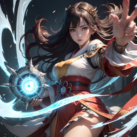 (Best Quality,Ultra-detailed,Realistic:1.37)、Japan priestess attacks with ice magic、An 18-year-old woman、(Sharp eyes:1.5)、Aggressive look、Stylish priestess costume、Red Hakama、Radiate blocks of ice from the palm of your hand、Pentagram、Full body