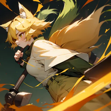 Light yellow clothes，green combat fatigues，teens girl，fox ear，nine tail fox，White giant hammer，blood