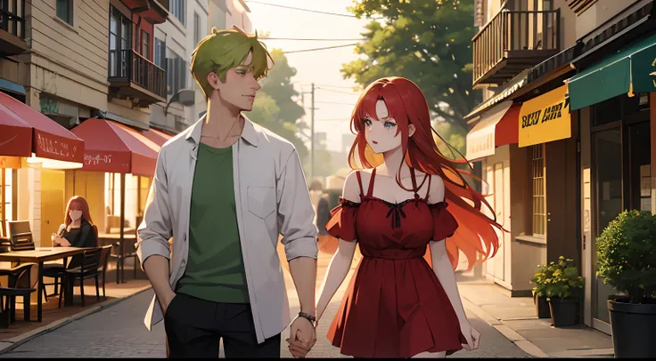 A green-eyed red-haired woman in summer clothes and a blonde-haired man in lights and summer clothes