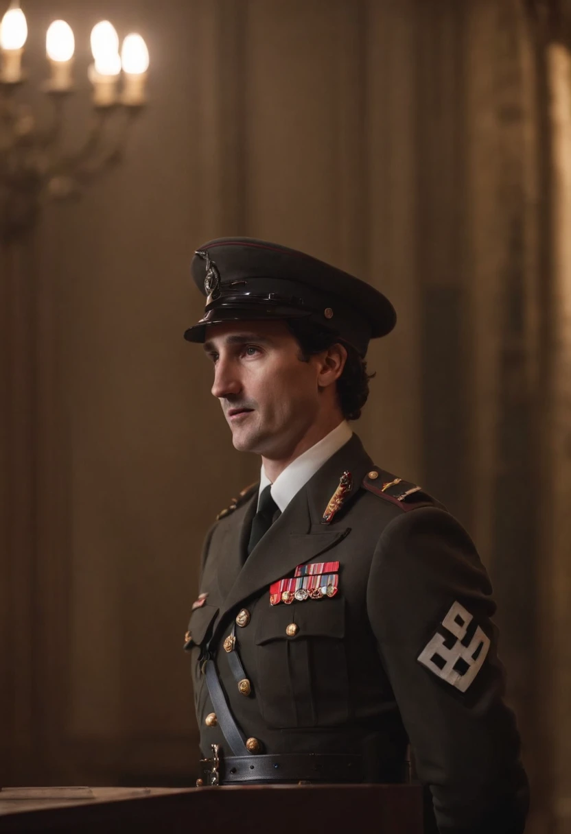 Justin Trudeau standing infront of a Nazi podium wearing an SS soldier uniform with his arm up straight saying "hail Hitler"